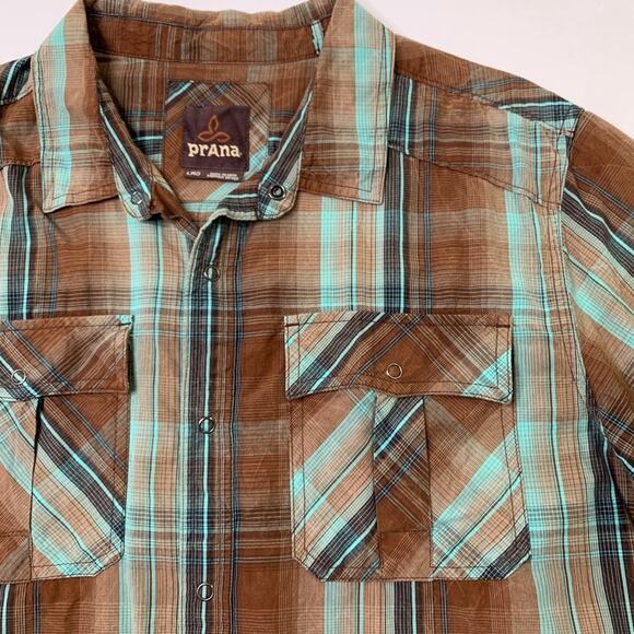 Prana Shirt Mens L Large Cotton Midas Snap Buttons Plaid Short Sleeve Western - Picture 3 of 11